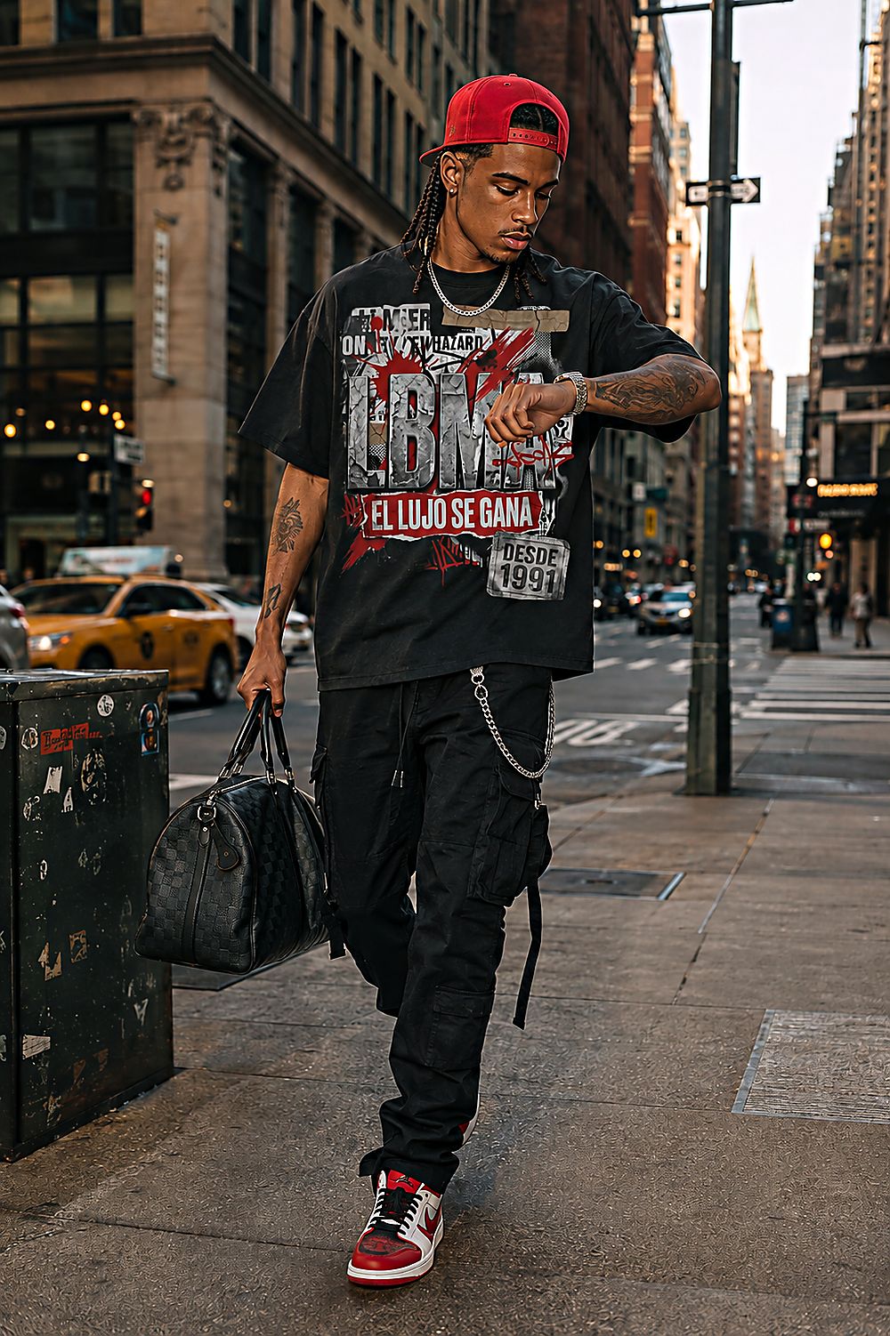 Camiseta oscura con el diseño LBMA en el frente, puesta en la calle